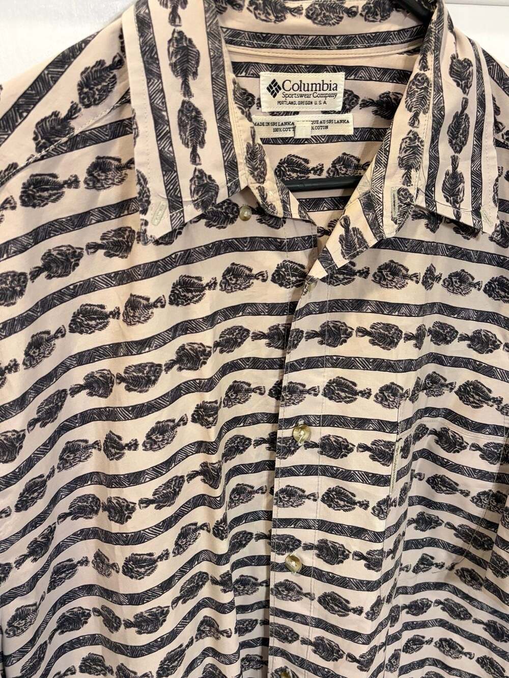 Columbia Sportswear Vintage Fish Skeleton Print Short Sleeve Button Down Shirt